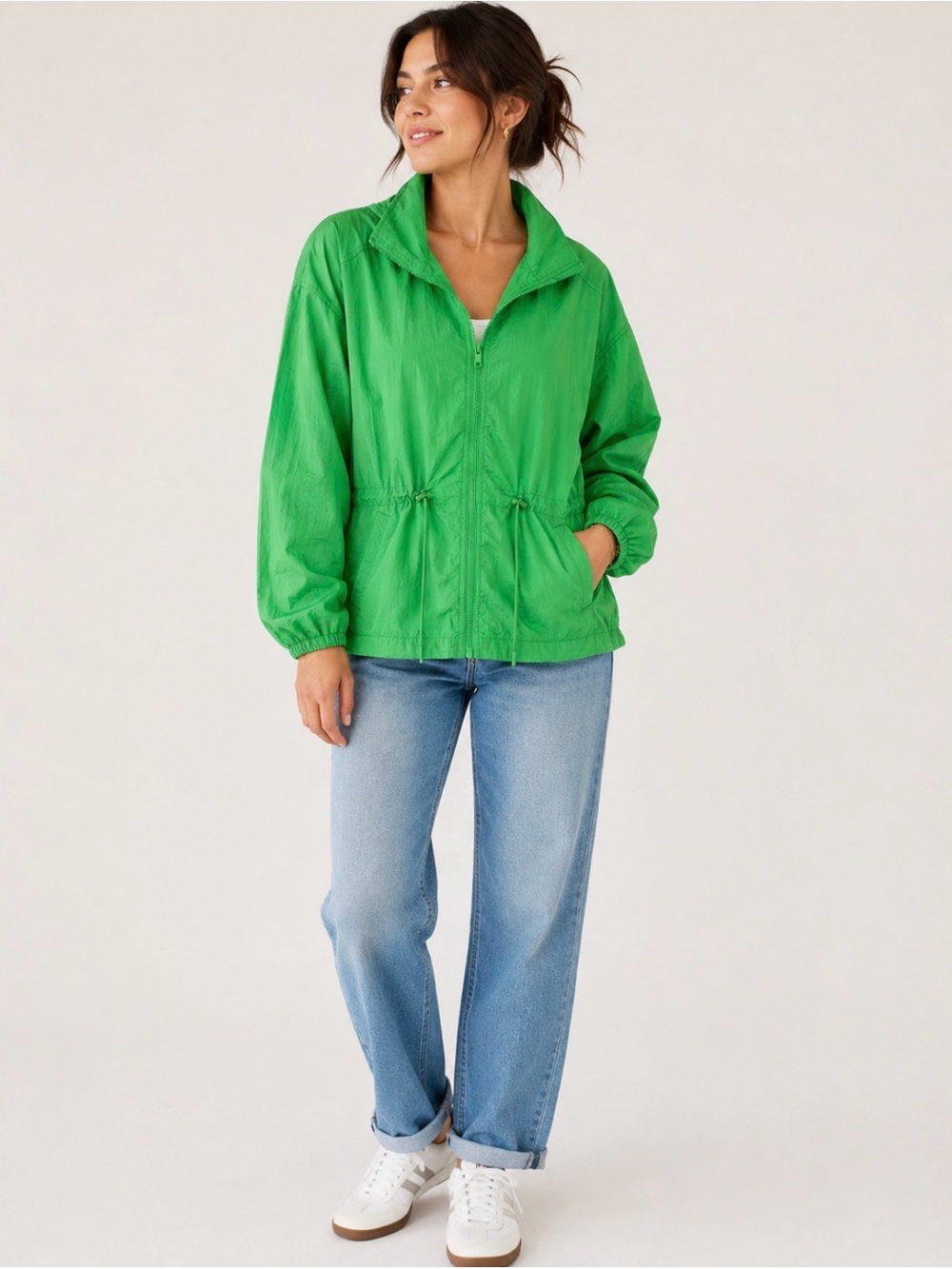 Hyba Green Lightweight Hooded Windbreaker Jacket Drawstring Waist Large